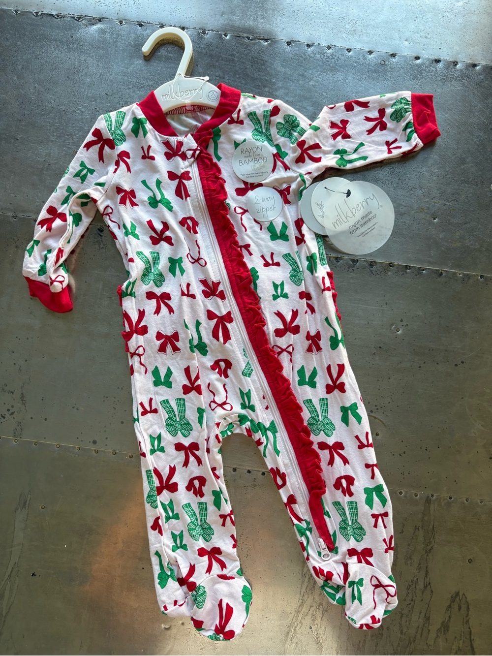 Milkberry Red & Green Bow Print Baby Footie